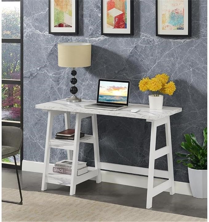 Convenience Concepts Designs2Go Trestle Desk 47" - Modern Desk or Vanity with Shelves, for Office, Dorm, Living Room, White Faux Marble/White