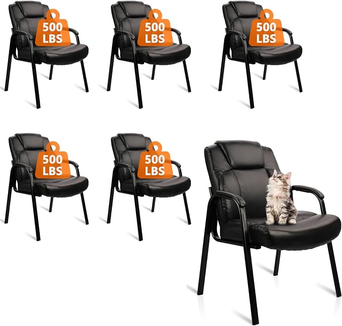 CLATINA Big & Tall 500 lb. Guest Chair, Leather Reception Chairs with Padded Arm Rest for Waiting Room Office Home and Meeting Conference-Black, 6 Pack