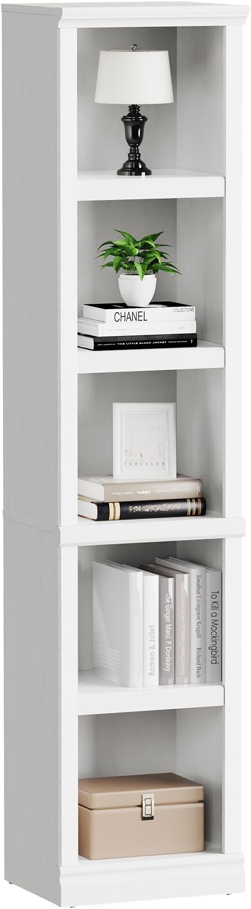 blini 5-Shelf Narrow Bookcase White Wooden Tall Bookshelves Floor Standing Display Storage Shelves Vintage Oak Bookcase for Home Office, Living Room, Bed Room