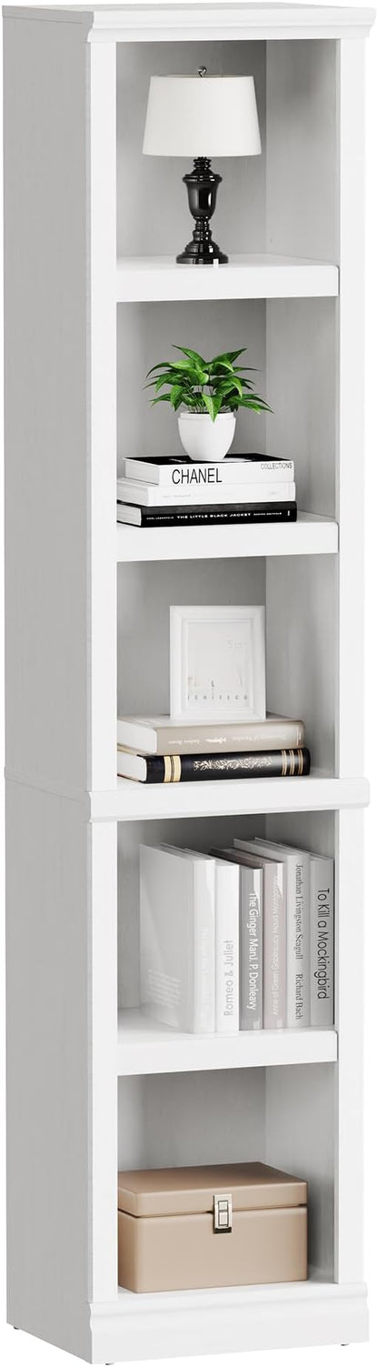 blini 5-Shelf Narrow Bookcase White Wooden Tall Bookshelves Floor Standing Display Storage Shelves Vintage Oak Bookcase for Home Office, Living Room, Bed Room
