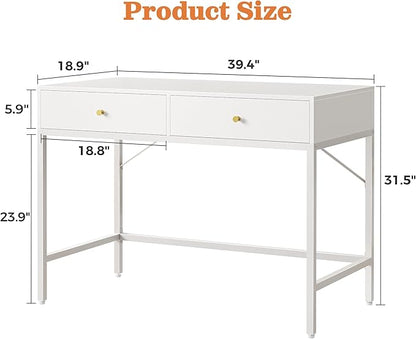 SUPERJARE 39.4" White Desk with 2 Drawers, Modern Makeup Vanity Desk, Small Computer Desk Home Office Desk for Writing Study Bedroom