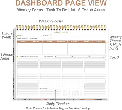 Weekly Productivity Planner - 8.5" x 11" Dashboard Desk Notepad Has 6 Focus Areas to List Tasks for Goals, Projects, Clients, Academic or Meal-Organize Your Daily Work Efficiently, 54 Weeks, Flower-A