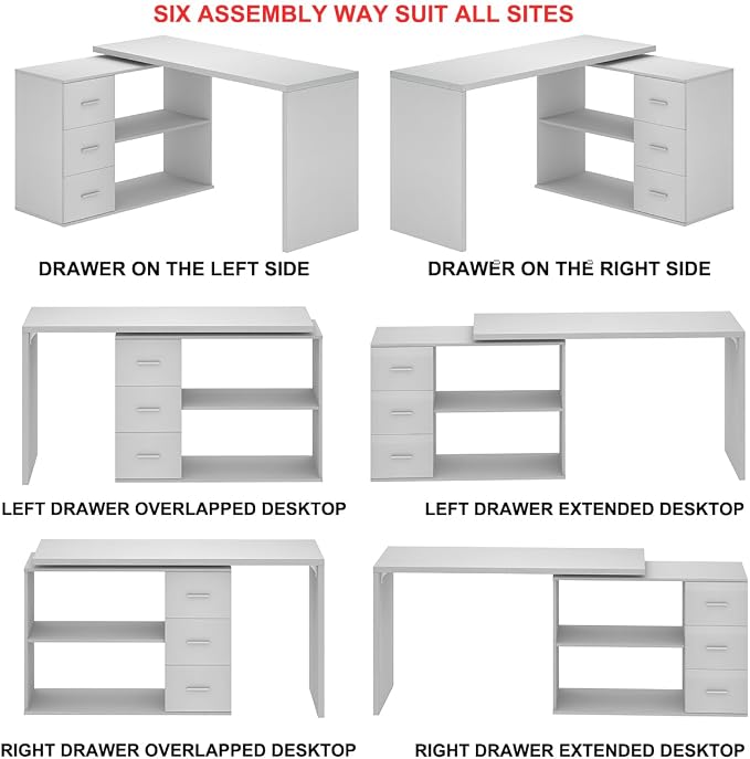 HSH White L-Shaped Computer Desk with 3 Drawers and 2 Shelves, Reversible Home Office Corner Desk for Writing Study Work Executive, 55 Inch Bedroom Wood Table Workstation Desk with Storage Cabinet