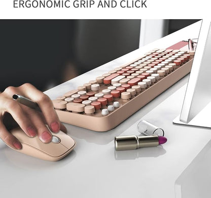 Beige Wireless Keyboard and Mouse Combo, Cute Aesthetic Typewriter Keyboard with Round Keys, 2.4Ghz Retro Bubble Full Size Wireless Keyboard with Number Pad for Long Nails PC Laptop