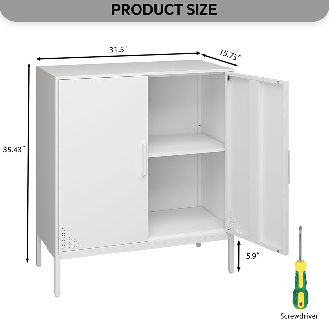 Steehoom Metal Storage Cabinet with Adjustable Shelves, Steel Buffet Sideboard for Entryway, Garage, Dining Room, Kitchen, Office, Bar (White, 31.5" D x 15.75" W x 35.43" H)
