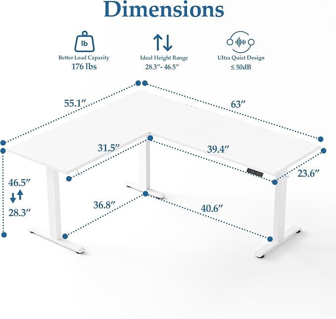 Klicelor L Shaped Standing Desk 63 x 55.1 Inch Dual Motors, Electric Height Adjustable Corner Desk for Home Office Workstation, Ergonomic Sit Stand Computer Table with Memory Controller, White