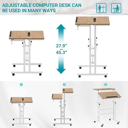 Small Standing Desk with Removable Cup Holder, Height Adjustable Mobile Laptop Stand on Wheels, Ergonomic Rolling Computer Workstation for Home Office, Portable Overbed Table for Couch & Bed, Khaki