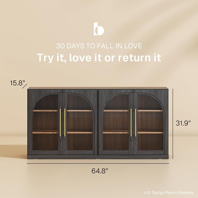 BELLEZE 65" Kitchen Storage Cabinet with Adjustable Shelves, Freestanding Accent Cabinet with Fluted Gold Handles & Arched Design, Modern Credenza for Living Room, Entryway - Ebony