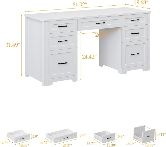 Vabches Farmhouse 61'' Executive Desk with 7 Drawers, Rustic Office Desk Computer Table with File Drawers, Wood Workstation for Study and Home Office, Cream White