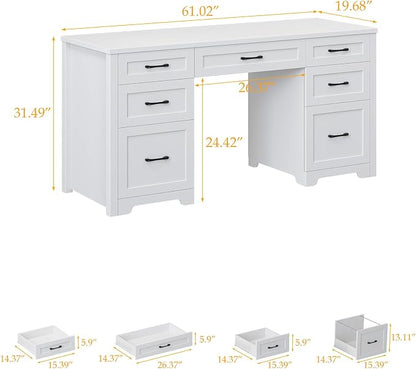 Vabches Farmhouse 61'' Executive Desk with 7 Drawers, Rustic Office Desk Computer Table with File Drawers, Wood Workstation for Study and Home Office, Cream White