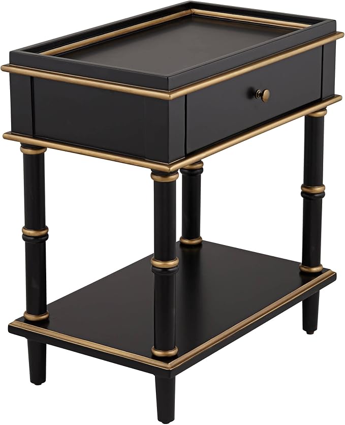 Cason Modern Glam Luxe Wood Rectangular Accent Side End Table 15" x 24" with Drawer and Shelf Black Gold Trim Handle for Living Room Bedroom Bedside Entryway Home House Office