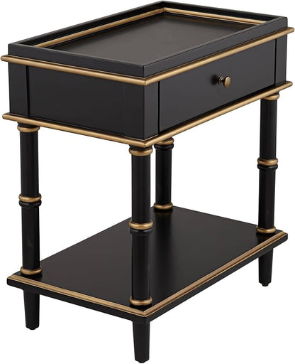 Cason Modern Glam Luxe Wood Rectangular Accent Side End Table 15" x 24" with Drawer and Shelf Black Gold Trim Handle for Living Room Bedroom Bedside Entryway Home House Office