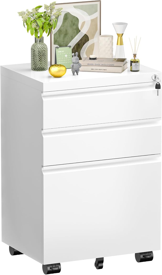 Crownland Office Mobile File Cabinet with Lock, Metal Filing Cabinets with 3 Drawers for Home Office, Lockable File Cabinet for Legal/Letter/A4/F4 Size(White)
