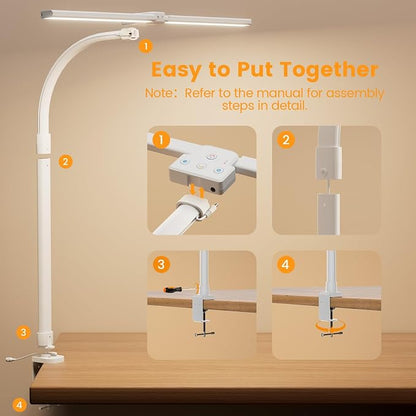 LED Desk Lamp - Bright Dimmable Computer Lamp, 24W Bendable Desk Light for Monitor Screen, Eye-Caring Tall Desktop Light for Task Home Office Work, White, Dual Head