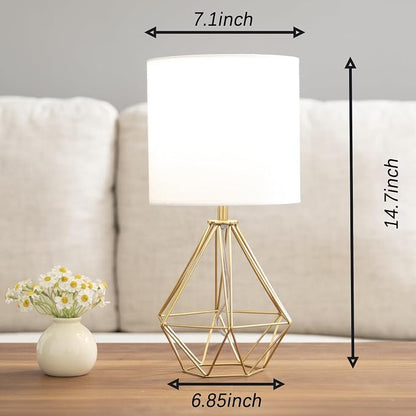 Gold Modern Small Table Lamp for Bedroom & Living Room - Geometric Metal Base, White Fabric Shade, Ideal for Bedside & Kids' Desk, Nightstand Lamp