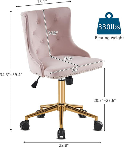VINGLI Light Pink Velvet Armless Home Office Desk Chair with Gold Base/Wheels,Cute Vanity/Makeup Chair with Back for Bedroom, Upholstered Adjustable Rolling Swivel Nail Chair for Women/Girls