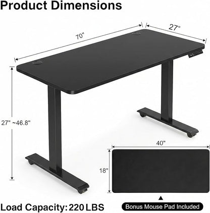 Electric Standing Desk 70 x 27 Inches Adjustable Height Sit Stand Up Desk for Home Office Computer Desk Memory Preset with Wheels, Black