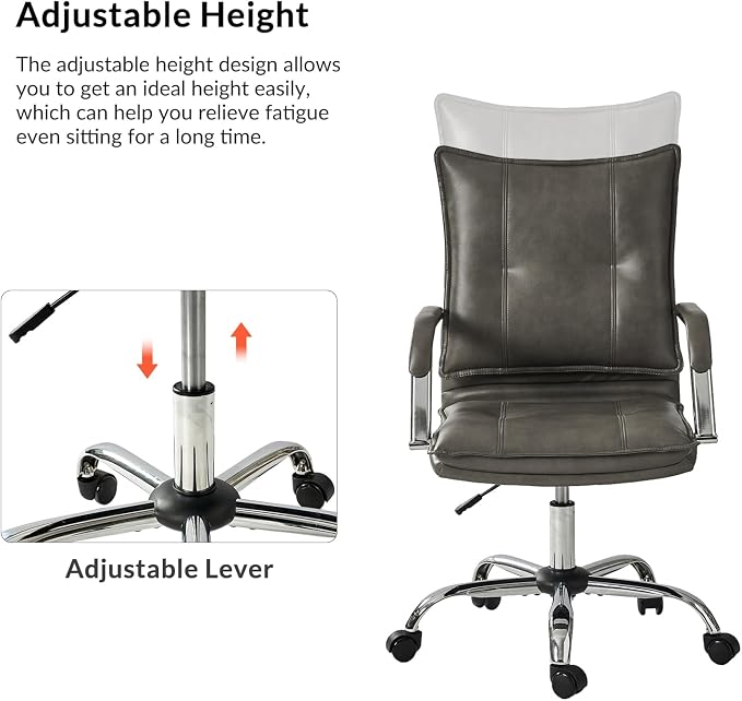 HULALA HOME Faux Leather Home Office Desk Chair, Adjustable Swivel Computer Chair with Sliver Legs and Arms, Comfy Upholstered Task Chair(Grey)