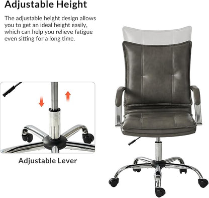 HULALA HOME Faux Leather Home Office Desk Chair, Adjustable Swivel Computer Chair with Sliver Legs and Arms, Comfy Upholstered Task Chair(Grey)