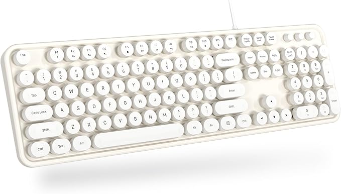 MOWUX Computer Keyboard Wired, Plug and Play USB Retro Round Typewriter Keyboard, Full Size Wired Keyboard with Foldable Stands for Laptop and Office PC- White