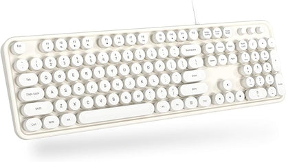 MOWUX Computer Keyboard Wired, Plug and Play USB Retro Round Typewriter Keyboard, Full Size Wired Keyboard with Foldable Stands for Laptop and Office PC- White
