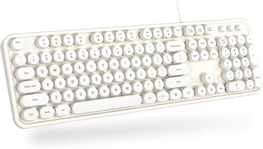 MOWUX Computer Keyboard Wired, Plug and Play USB Retro Round Typewriter Keyboard, Full Size Wired Keyboard with Foldable Stands for Laptop and Office PC- White