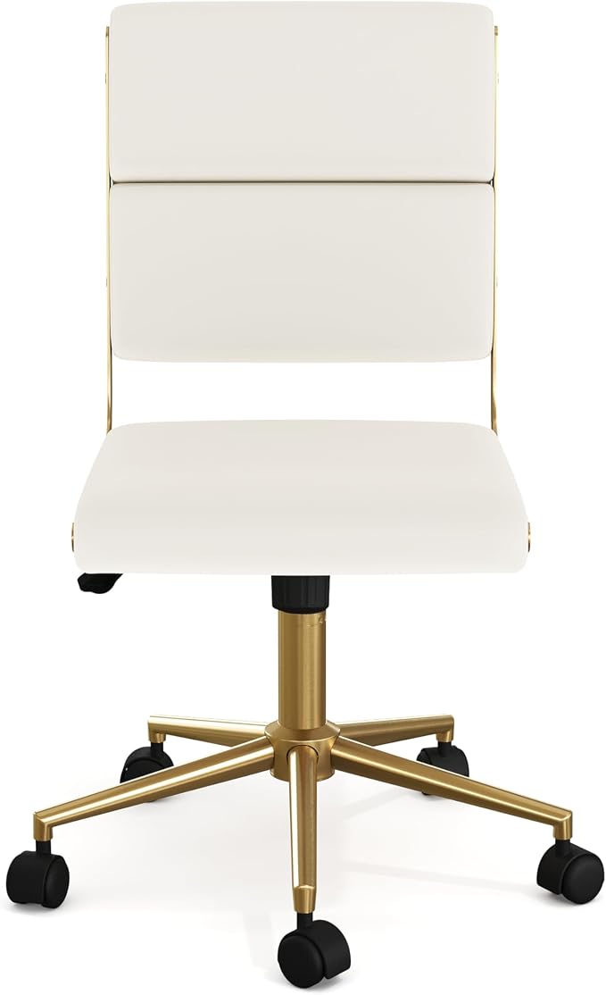 Martha Stewart Lulu Swivel Task Chair with Height Adjustable Seat for Home Office in Off White Faux Leather with Polished Brass Frame