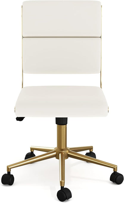 Martha Stewart Lulu Swivel Task Chair with Height Adjustable Seat for Home Office in Off White Faux Leather with Polished Brass Frame
