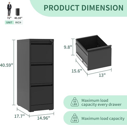 File Cabinet 3 Drawer with Lock, Vertical Filing Cabinets for Home Office, Metal Steel Storage Cabinet for Letter/Legal Size File, Assembly Required(Black)