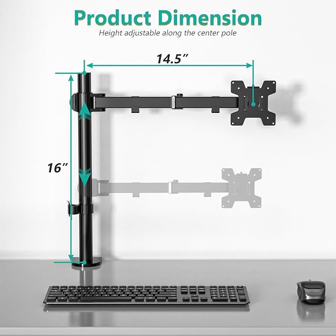 WALI Single Monitor Mount, Single Monitor Arm Desk Mount, Up to 32 inch Ultrawide, Regular Screens up to 27 inches, 22lbs, Adjustable Mount with C-CLAMP for Home Office Application(M001), Black