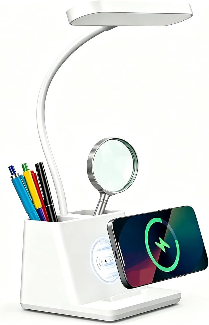 AXX 18 in Desk Lamp with Fast Wireless Charger for College Dorm Room, Adjustable LED Table Light for Home Office, White, Small, Cute