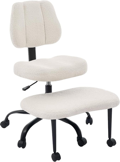 Ergonomic Cross Legged Office Chair for ADHD Adults, Criss Cross Desk Chair with Back Support, Swivel Meditation Chair with Wheels, Adjustable Height (White, Teddy Fabric)