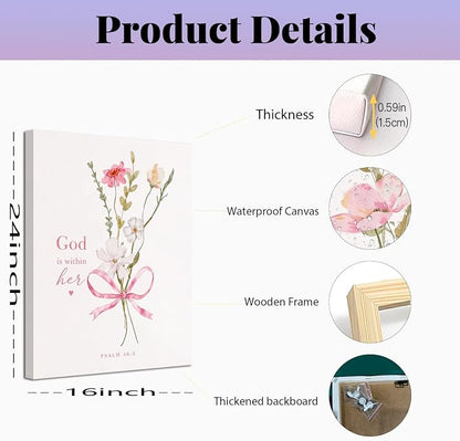 Baby Girl Nursery Wall Art Set of 3 Pink Bow Floral Canvas Prints, Christian Bible Verse Nursery Decor, Cute Flower Posters Pictures with Scripture for Girls Room Bedroom Framed 16x24 Inch