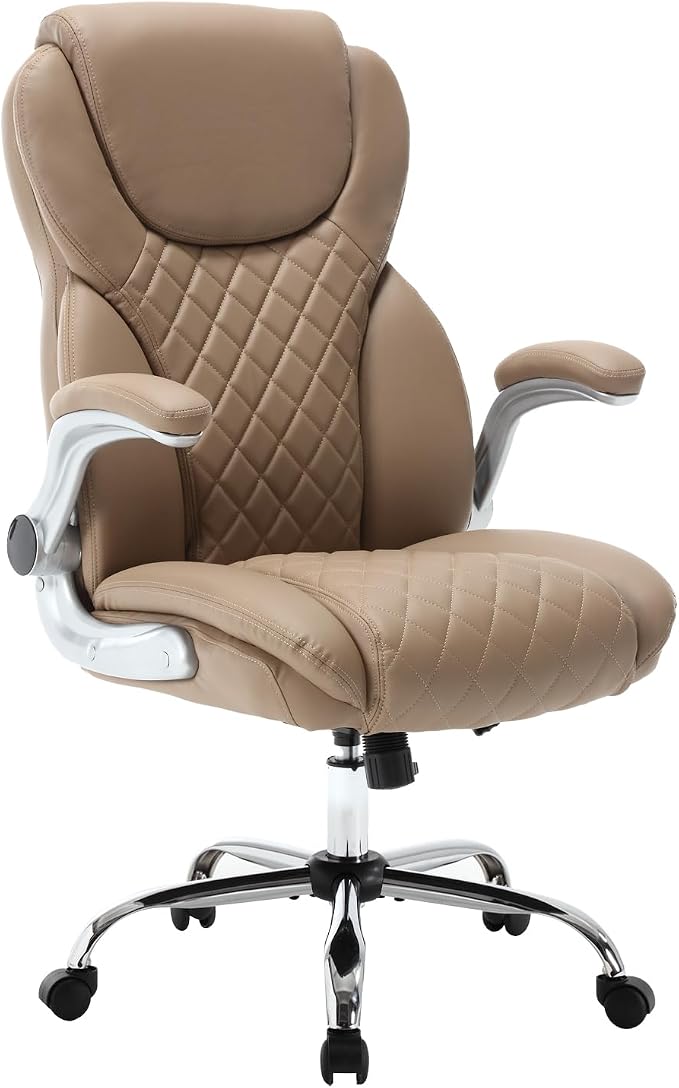 Leather Executive Office Chair, Big and Tall High Back Ergonomic Desk Chairs with Wheels, 90-120° Rocking Managerial Home Computer Chairs with Flip up Arms and Lumbar Support, Light Brown