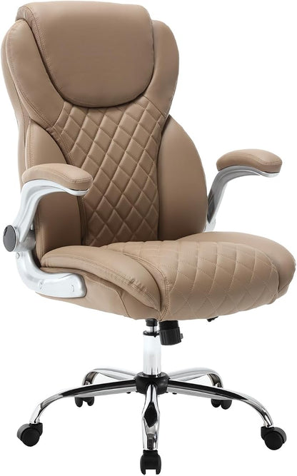 Leather Executive Office Chair, Big and Tall High Back Ergonomic Desk Chairs with Wheels, 90-120° Rocking Managerial Home Computer Chairs with Flip up Arms and Lumbar Support, Light Brown