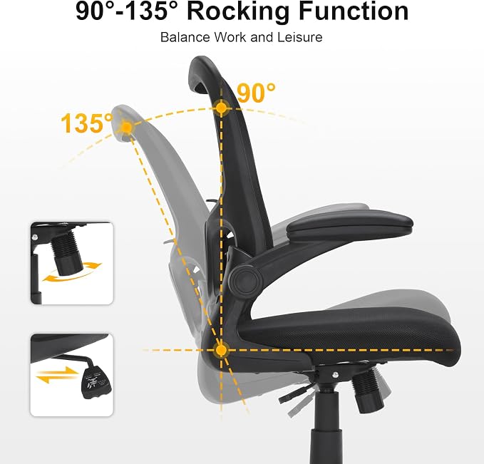 Ergonomic Mesh Office Chair with Adjustable Lumbar Support, Flip-Up Arms & Rolling Swivel Base, Breathable Computer Desk Chair for Home Office, Study & Remote Work, Black