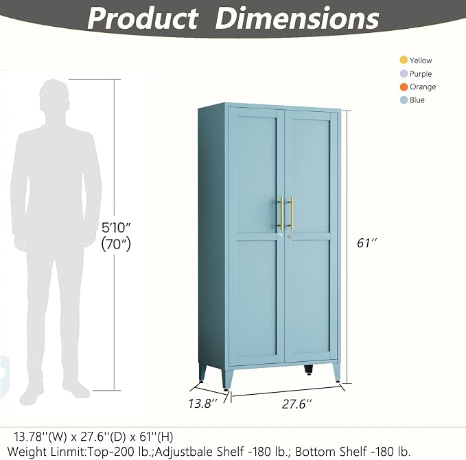 Metal Storage Cabinet with Lock,Blue Steel Tool Cabinet with 3 Adjustable Shelves,61 Tall Freestanding Heavy Duty Garage Locker for Home Office Kitchen 61" H X 27.6" W X 13.8" D