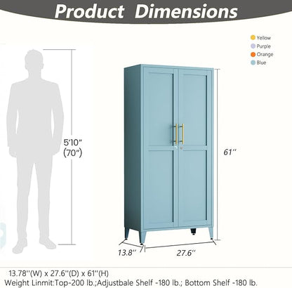 Metal Storage Cabinet with Lock,Blue Steel Tool Cabinet with 3 Adjustable Shelves,61 Tall Freestanding Heavy Duty Garage Locker for Home Office Kitchen 61" H X 27.6" W X 13.8" D