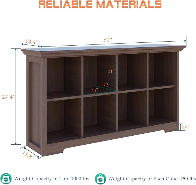 OSCHF Cube Shelf Bookcase with Base - Wooden 2 Tiers Floor Standing Low Storage Cabinet for Home and Office, 8-Cube Lattice Bookshelf, Walnut