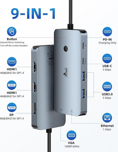 Laptop Docking Station 4 Monitors, 9 in 1, Dual HDMI+DP+VGA, 100W PD, 5Gbps, 3 USB C/A Ports, Ethernet, LIONWEI Docking Station Dual Monitor, USB C Hub for Dell/HP/Surface/MacBook