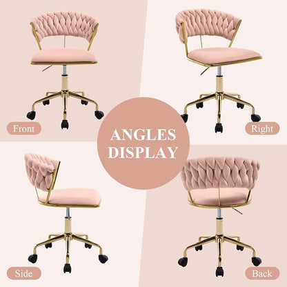 NIOIIKIT Home Office Chair, Velvet Upholstered Task Chair with Woven Open Back, 360° Swivel Desk Chair with Wheels, Adjustable Vanity Chair, Computer Chair for Office, Studio (Pink)