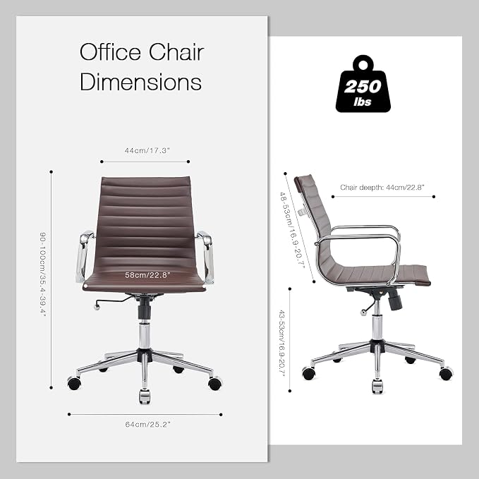 Office Chair with Arms, Brown Faux Leather Desk Chair with Ribbed Mid Back, Adjustable Height Swivel Computer Chair for Home Office, Conference Room and Reception