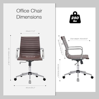 Office Chair with Arms, Brown Faux Leather Desk Chair with Ribbed Mid Back, Adjustable Height Swivel Computer Chair for Home Office, Conference Room and Reception