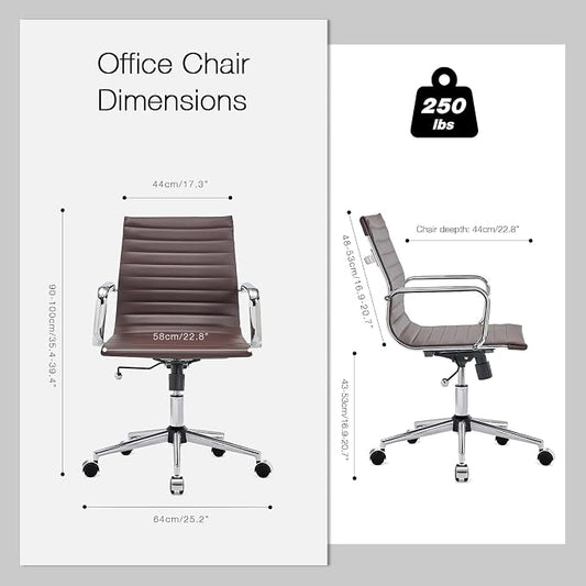 Office Chair with Arms, Brown Faux Leather Desk Chair with Ribbed Mid Back, Adjustable Height Swivel Computer Chair for Home Office, Conference Room and Reception