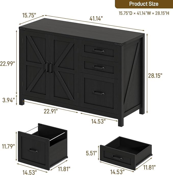 Befrases Farmhouse File Cabinet with Doors, Lateral Filing Cabinet with 3 Drawers for Letter/A4 Size Hanging Files, Large Wooden Storage Cabinet with Adjustable Shelves for Home Office, Black
