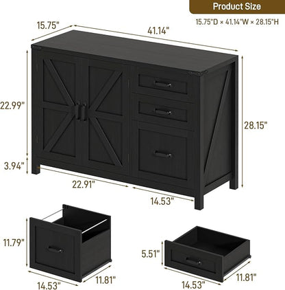 Befrases Farmhouse File Cabinet with Doors, Lateral Filing Cabinet with 3 Drawers for Letter/A4 Size Hanging Files, Large Wooden Storage Cabinet with Adjustable Shelves for Home Office, Black