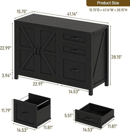 Befrases Farmhouse File Cabinet with Doors, Lateral Filing Cabinet with 3 Drawers for Letter/A4 Size Hanging Files, Large Wooden Storage Cabinet with Adjustable Shelves for Home Office, Black