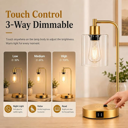 Industrial Touch Control Table Lamps Set of 2 - Gold Nightstand Bedside Lamps with 2 USB Ports & AC Outlet, 3-Way Dimmable Desk Lamp for Bedroom Living Room, Glass Shade & 2 LED Bulbs Included
