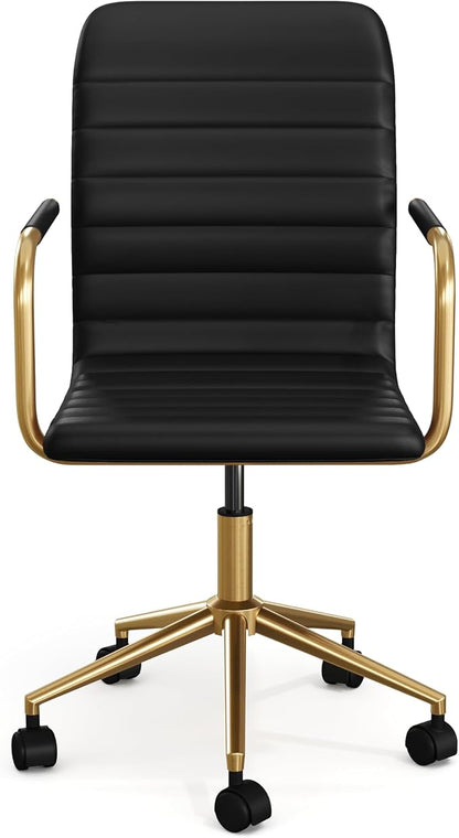 Martha Stewart Taytum Swivel Task Chair with Armrests for Home Office in Black Faux Leather with Polished Brass Frame