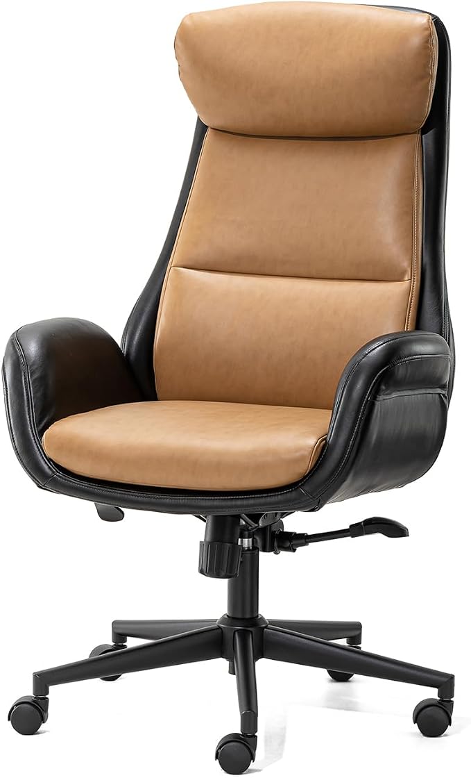 Glitzhome High Back Office Chair,Modern Ergonomic Swivel Office Chair,Adjustable Home Office Desk Chair with Lumbar Support,Black & Camel